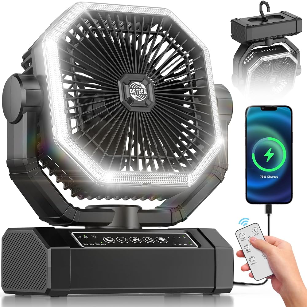 9‑inch portable rechargeable camping fan with remote on Amazon