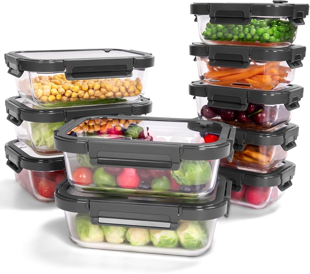 Borohouse 10‑Pack Glass Food Storage Containers with tempered lids, gray, sold on Amazon