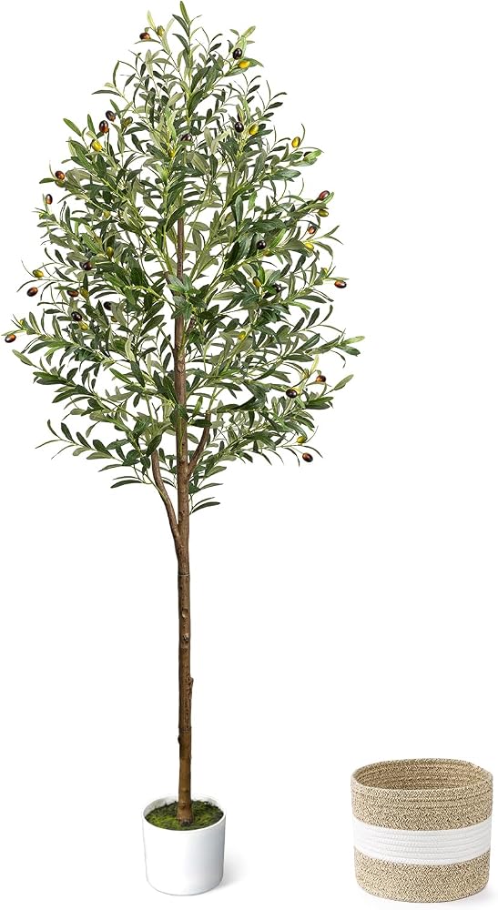 LuceAlberi 6FT Artificial Olive Tree with planter basket, displayed in an indoor setting, Amazon