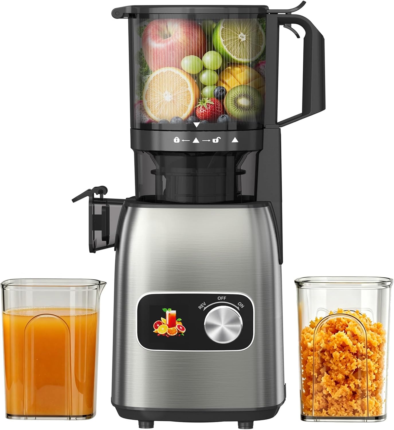 Cold Press Juicer with extra wide feed chute on Amazon, showing high-yield fruit and vegetable juice