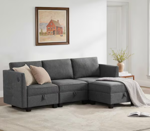 Home Depot Billy Modular Square Arm L-Shaped 4-Piece Storage Sectional Sofa in Soapstone Gray