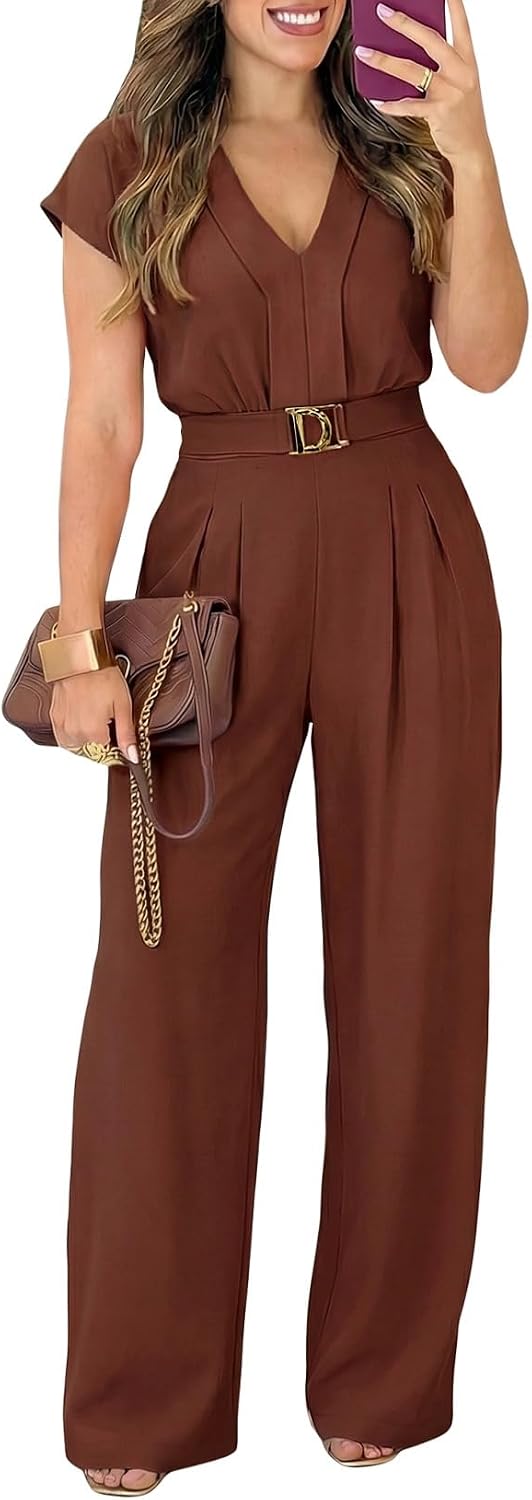 Pink Queen women's dressy jumpsuit with V neck and wide leg, shown on Amazon product page