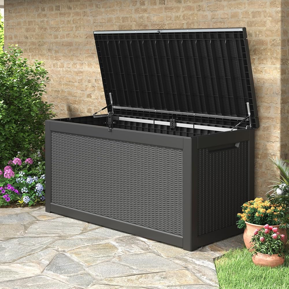 KAMABOKO 330 gallon outdoor storage box in black, shown on Amazon product page