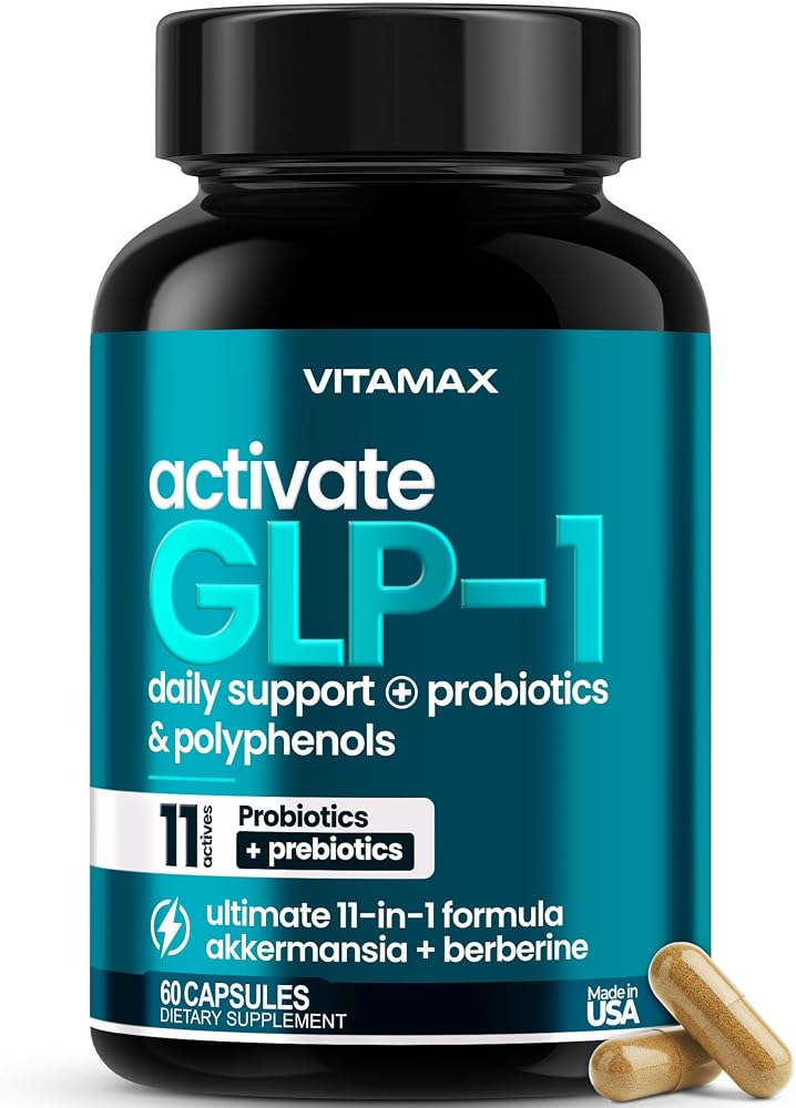 GLP-1 Support Supplement bottle on Amazon, featuring Akkermansia, Berberine, Inulin, EGCG, Probiotic
