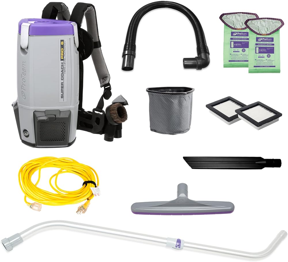 ProTeam Super Coach Pro 6 Backpack Vacuum with telescoping wand tool kit, 6‑quart, corded, displayed