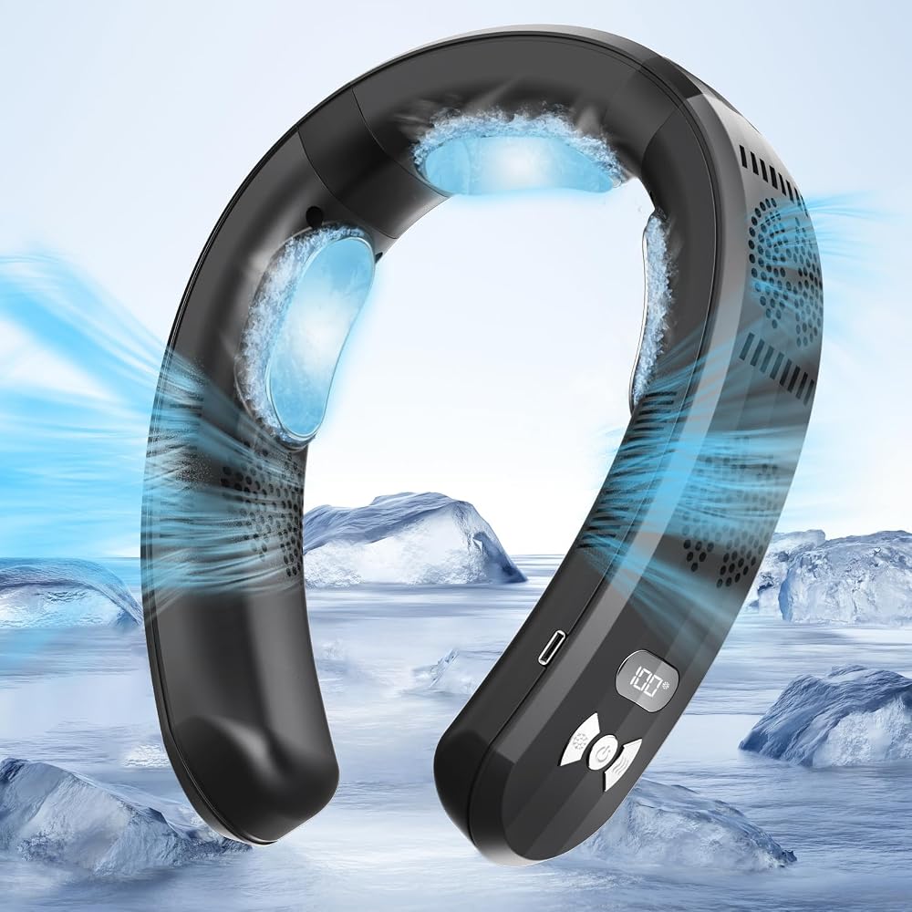Portable Neck Air Conditioner Fan black model on Amazon, showing bladeless design and LED display