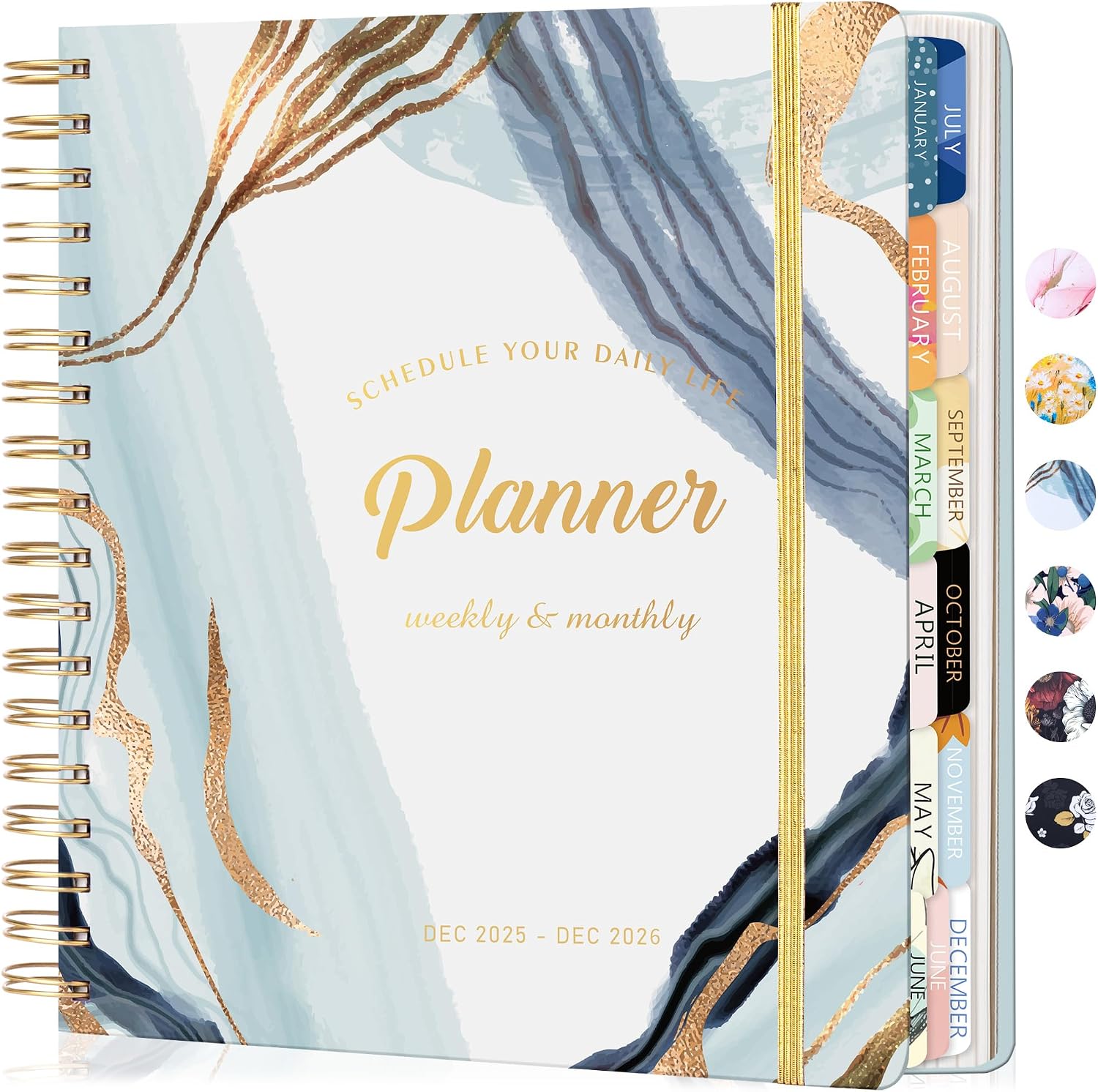CAGIE 2026 weekly and monthly hardcover planner with blue marble cover, shown on Amazon