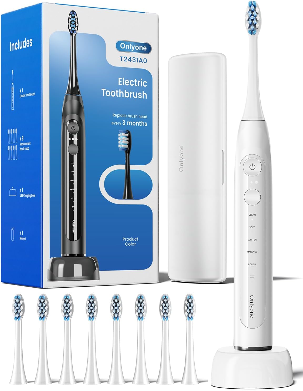 Onlyone Rechargeable Electric Toothbrush with 8 brush heads on Amazon