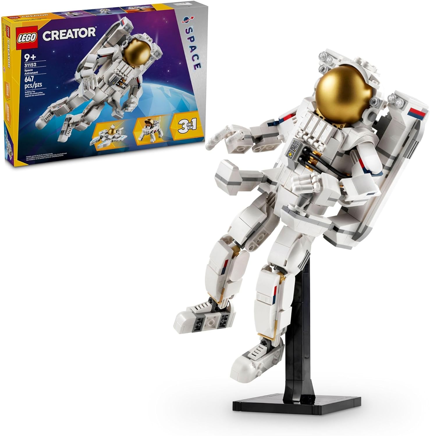 LEGO Creator 3-in-1 Space Astronaut Toy set displayed on a table, Amazon listing