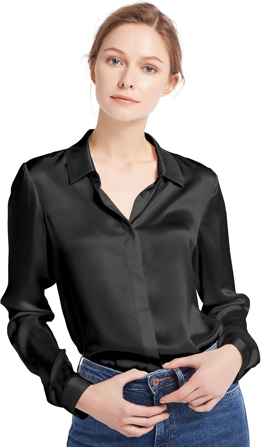 Floral satin blouse displayed on Amazon product page