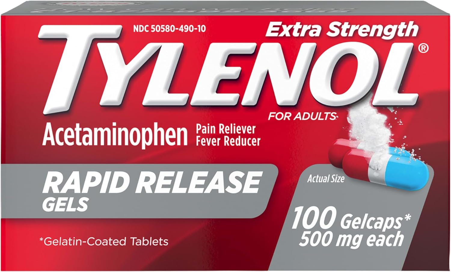 Tylenol Extra Strength 100-count rapid release gels box sold on Amazon