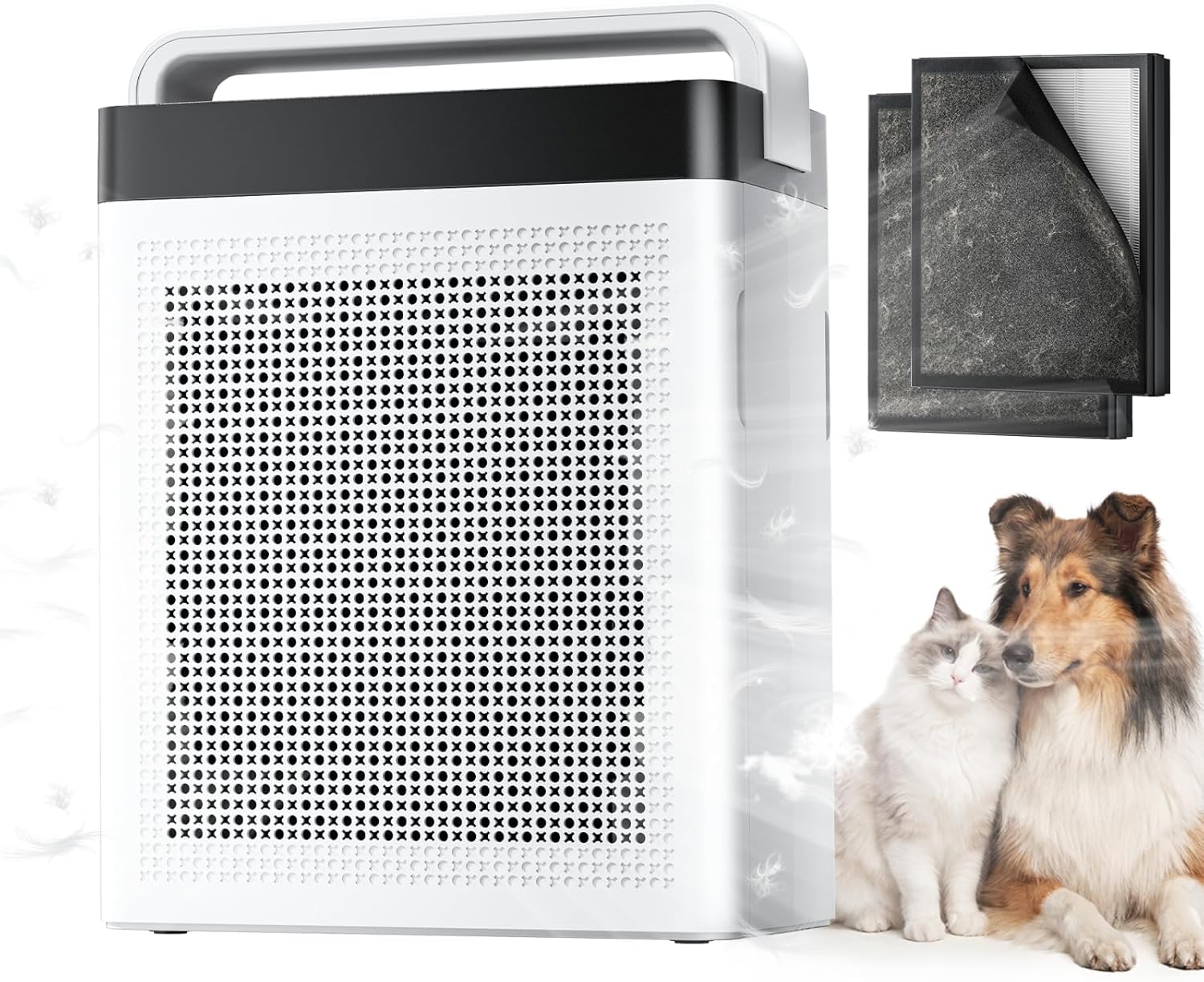 Cypcat Pet Air Purifier displayed on Amazon product page, showing dual intake and washable pre-filte