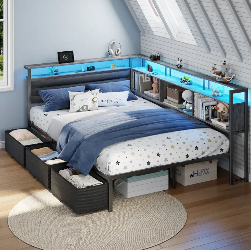 Corner Bed Frame with 3 Drawers and Storage Bookcase Deal at Wayfair: Save $1,2…