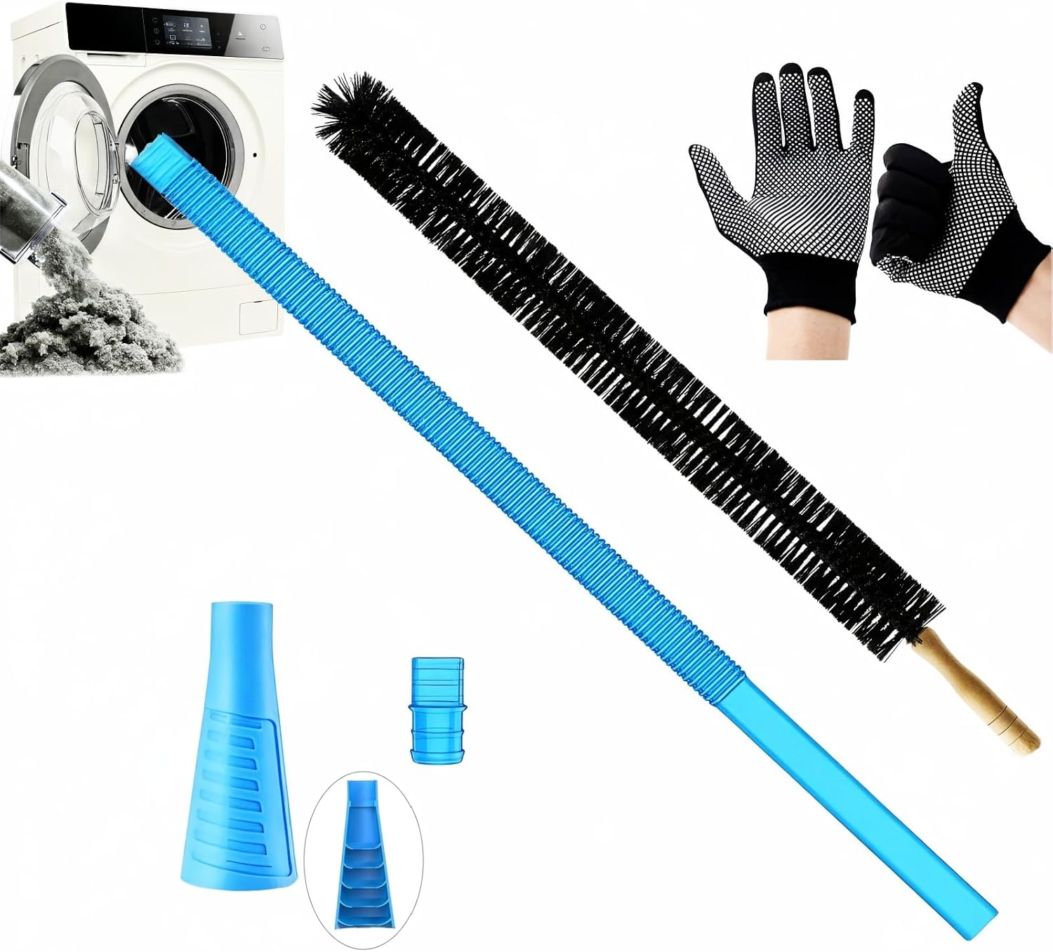 Universal Dryer Vent Cleaner Kit with vacuum hose attachment and protective gloves, sold on Amazon