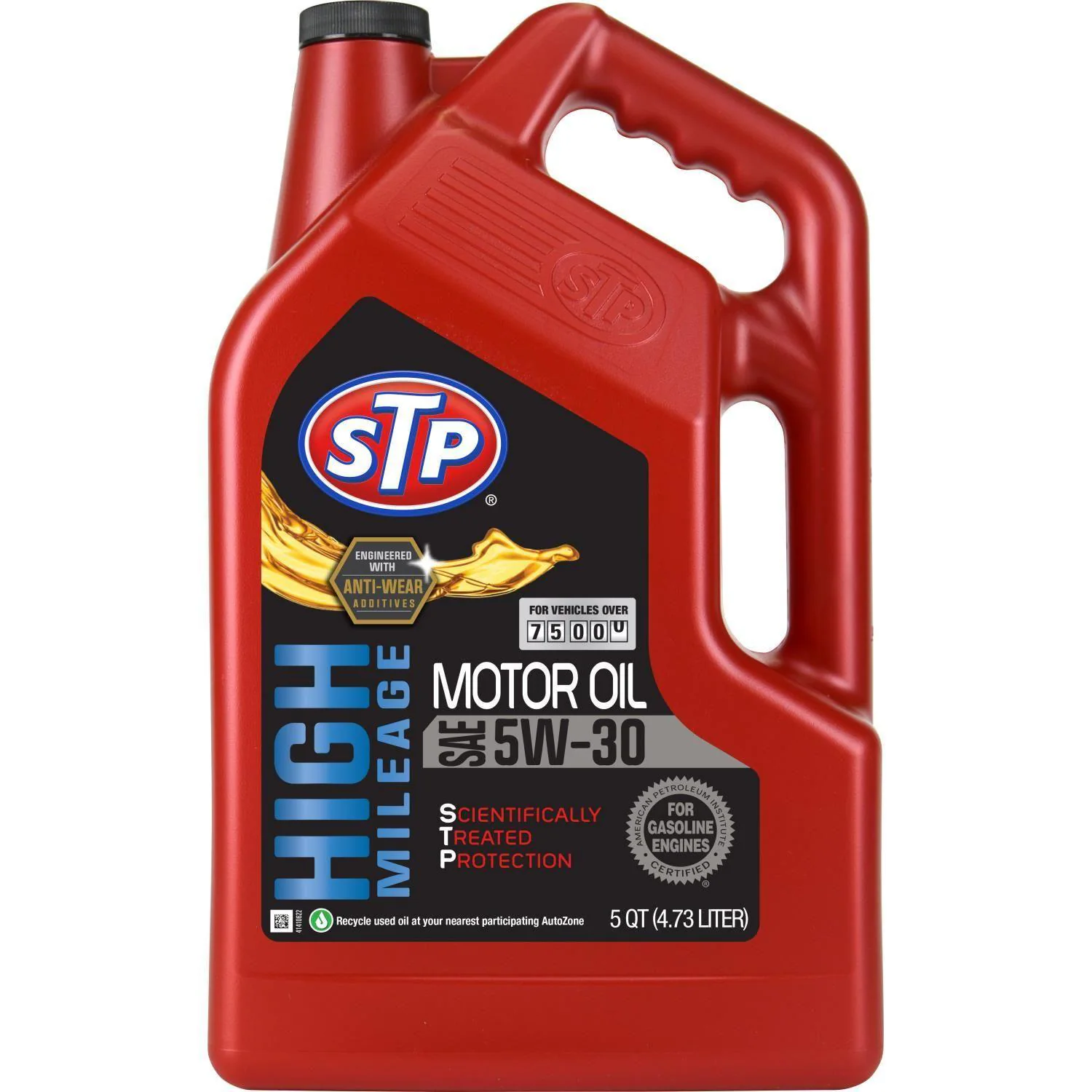 Quaker State High Mileage 5W-20 motor oil bottle displayed at AutoZone
