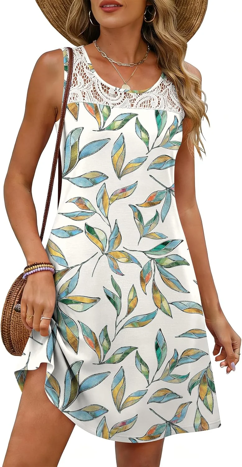 ANRABESS women's summer floral dress with lace crew neck, sleeveless, pocket detail, shown on Amazon