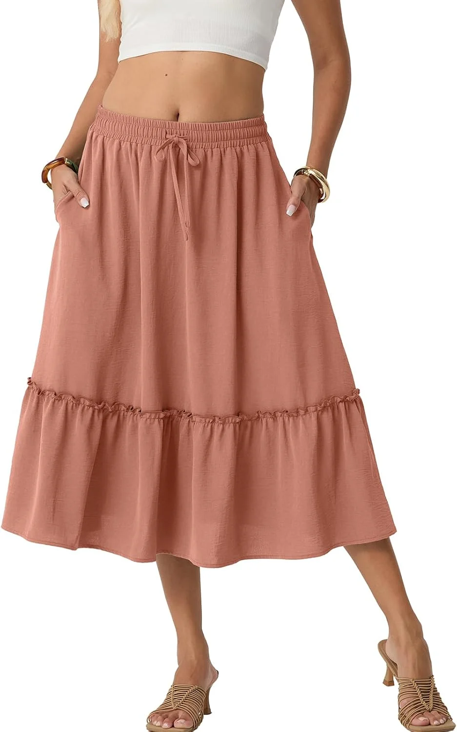 FREEOAK Women's Printed High Waisted A-Line Midi Skirt on Amazon, flowy summer boho style with pocke