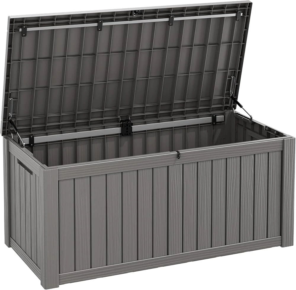 Fancyango 150 Gallon Waterproof Outdoor Deck Box in grey, sold on Amazon