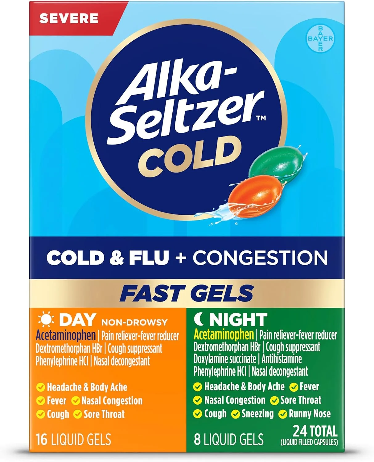 Alka‑Seltzer Cold & Flu Fast Gels 24‑Ct pack on Amazon