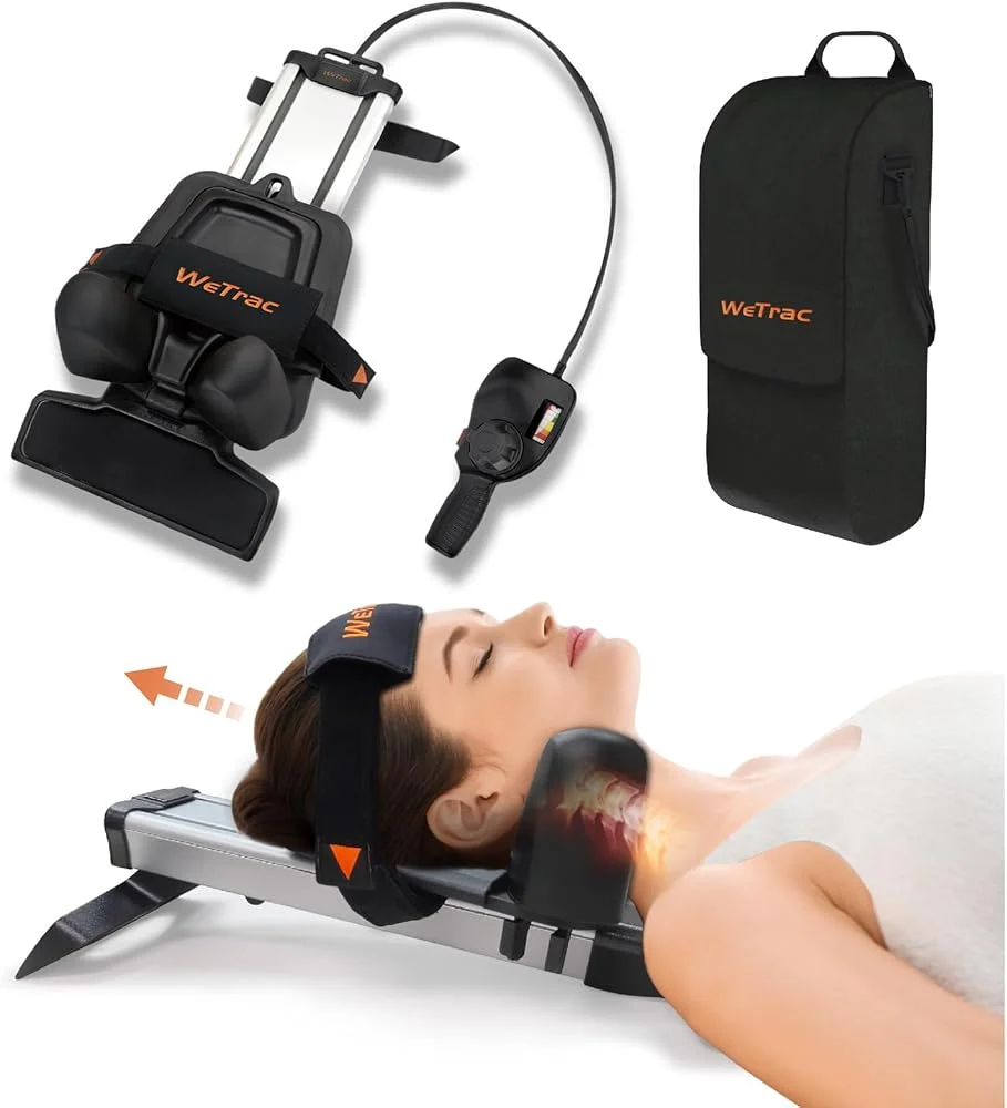 iSTIM WeTrac Neck Traction Device on Amazon showing travel bag and neck stretcher