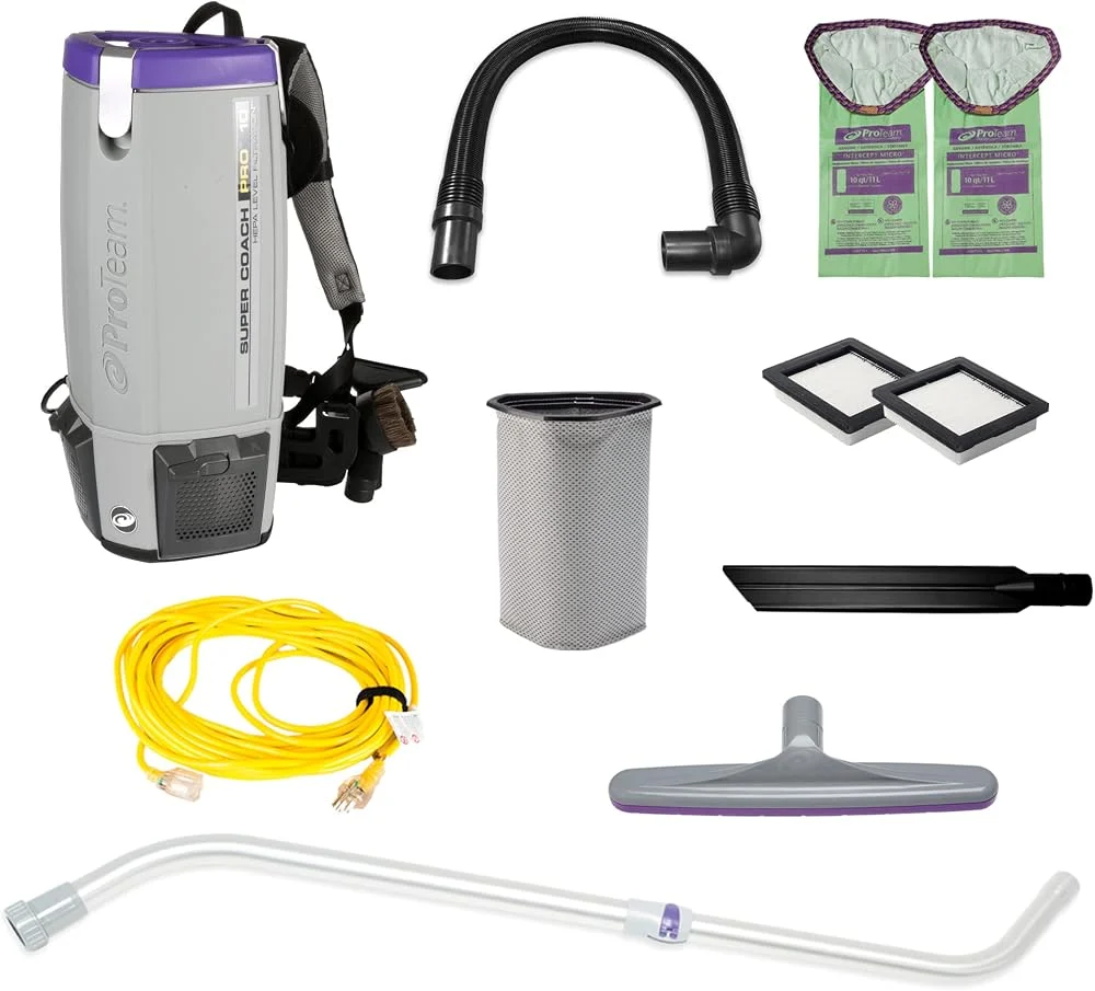 ProTeam Super Coach Pro 10 Backpack Vacuum with telescoping wand kit on Amazon