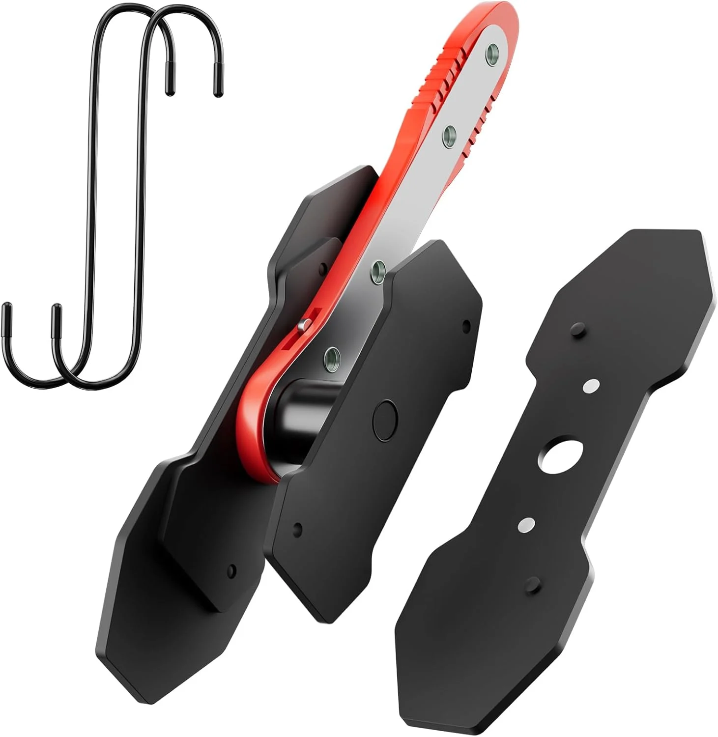 MAYESAR Brake Caliper Compression Tool red, shown with steel plates and hooks, sold on Amazon