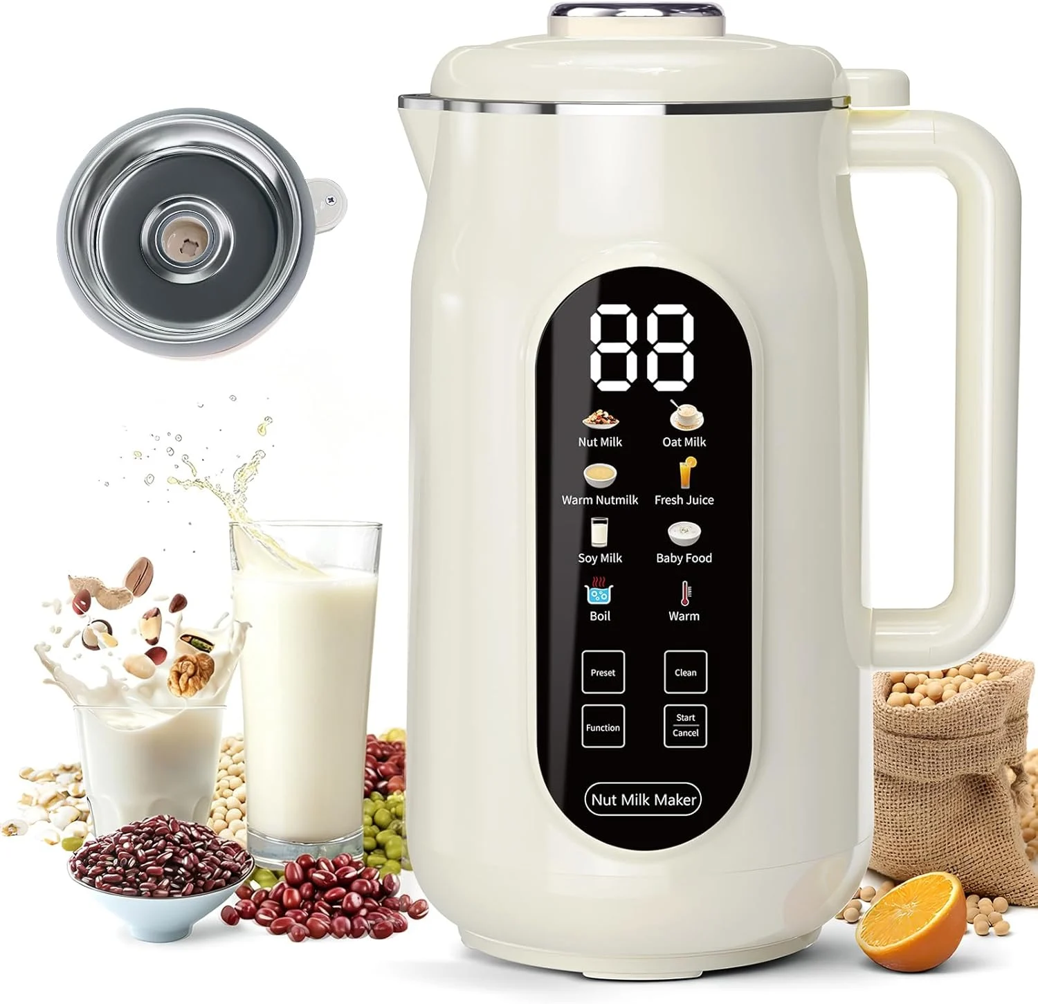 10-in-1 Nut Milk Maker machine on Amazon, showing stainless steel blender and accessories