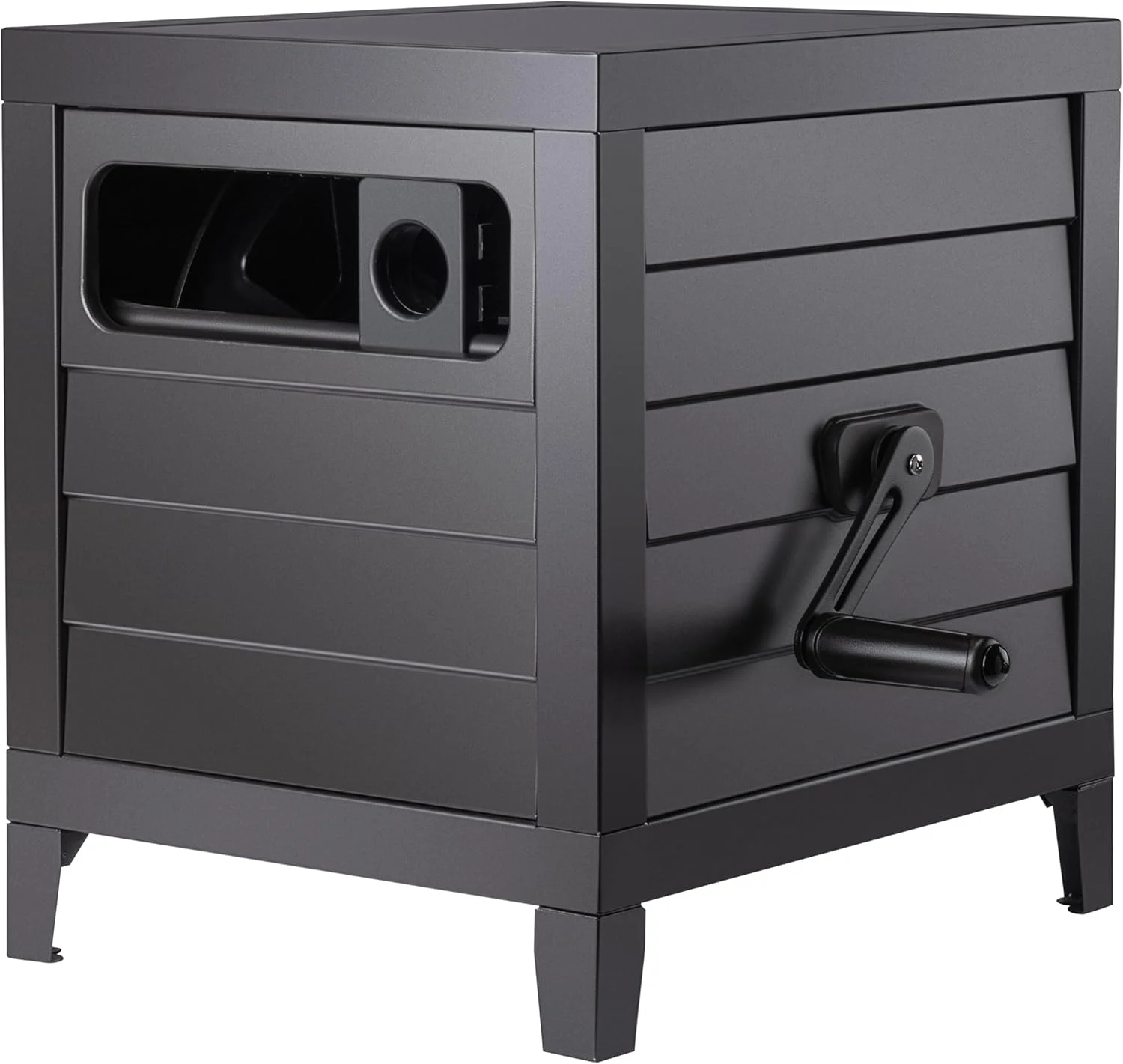 AquaZilla Metal Garden Hose Reel storage cabinet in steel finish, shown on Amazon product page