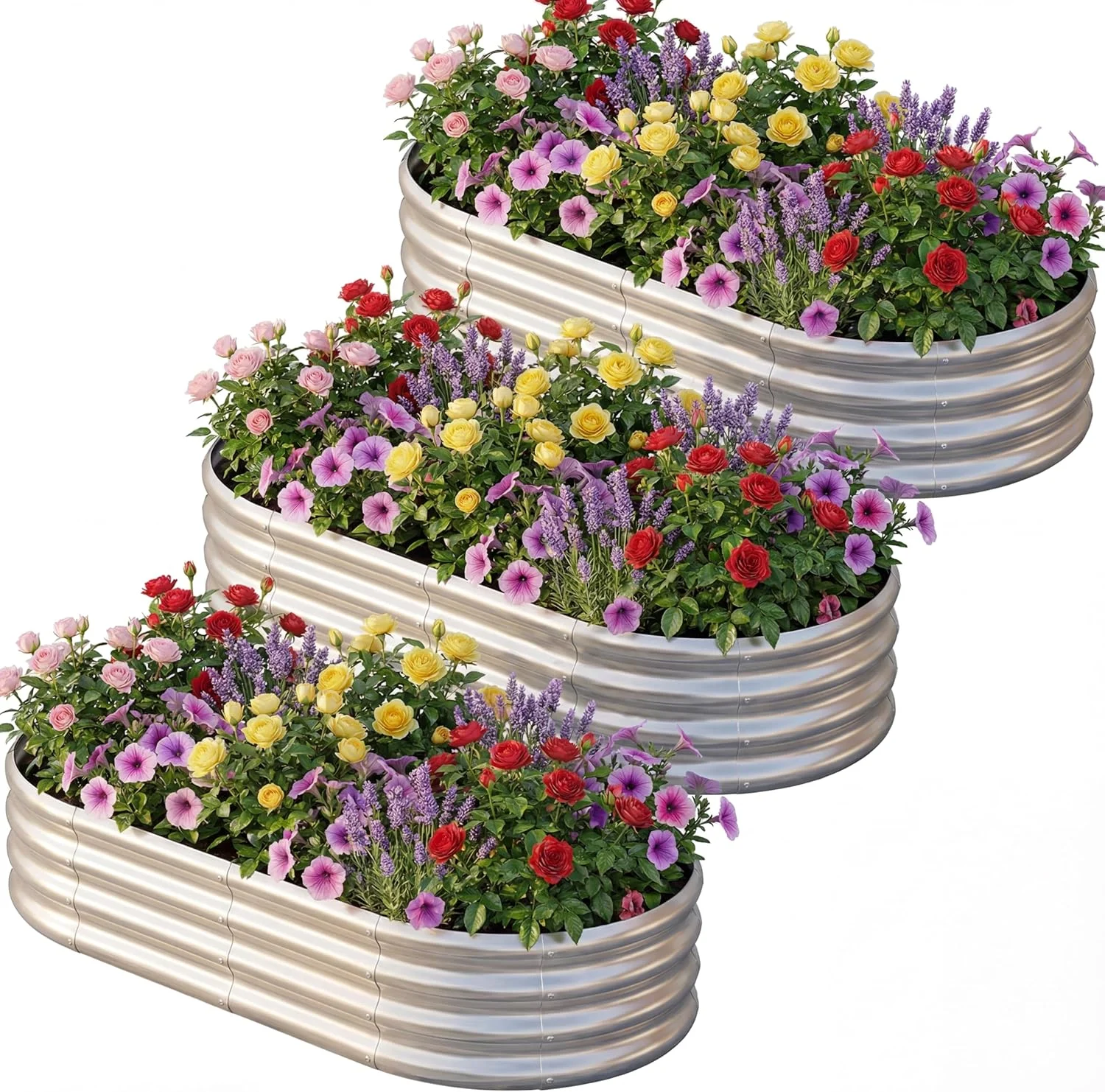 AHEONLAR 3‑Pack Galvanized Raised Garden Bed set displayed outdoors, Amazon listing
