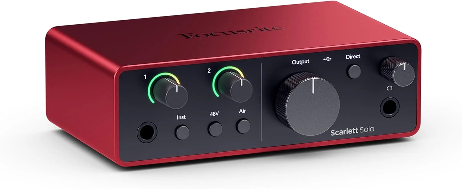 Focusrite Scarlett Solo 4th Gen USB audio interface displayed on Amazon product page