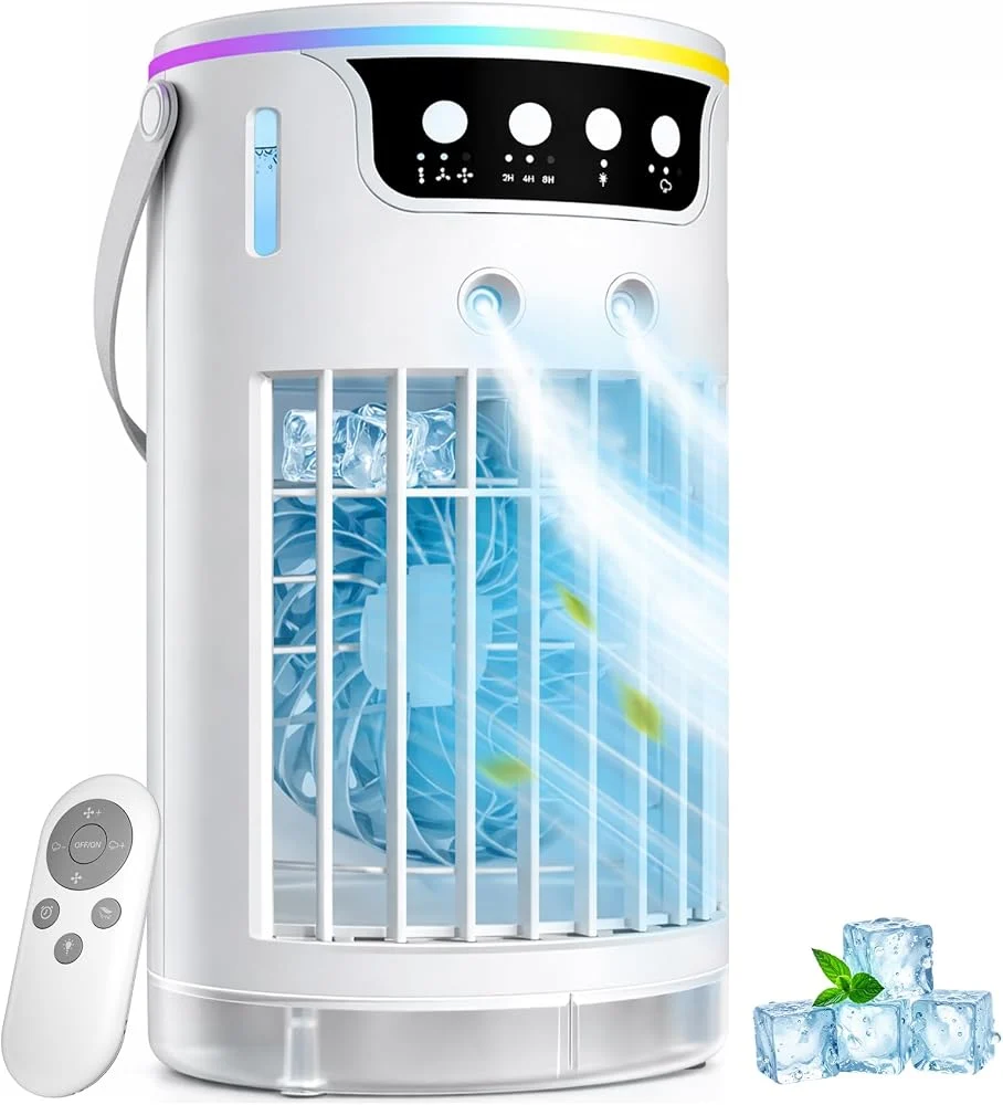 Mini evaporative air cooler with ice mist on Amazon