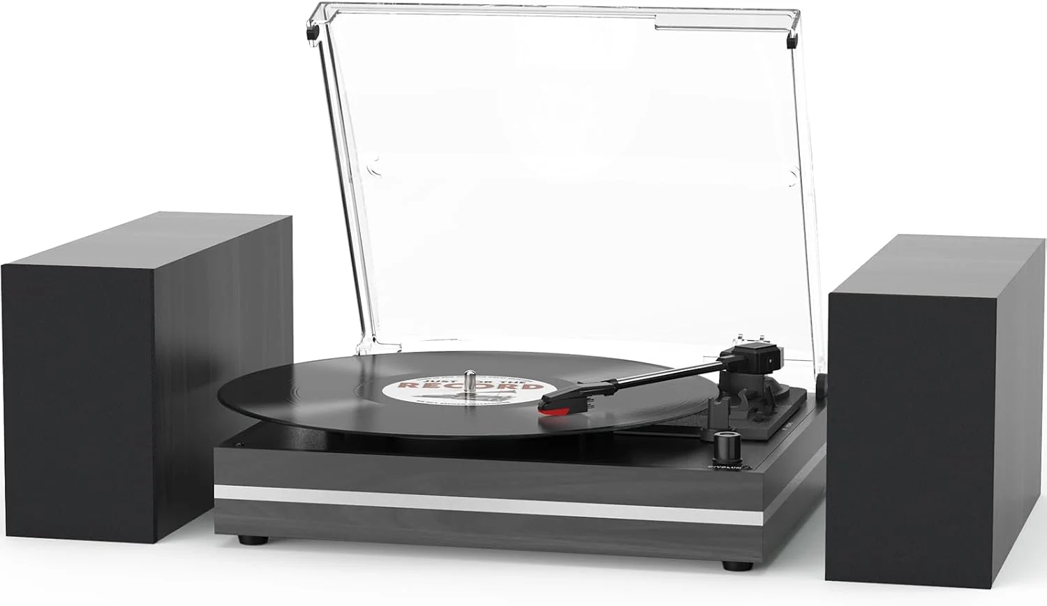 Belt-drive vinyl record player with external speakers on Amazon
