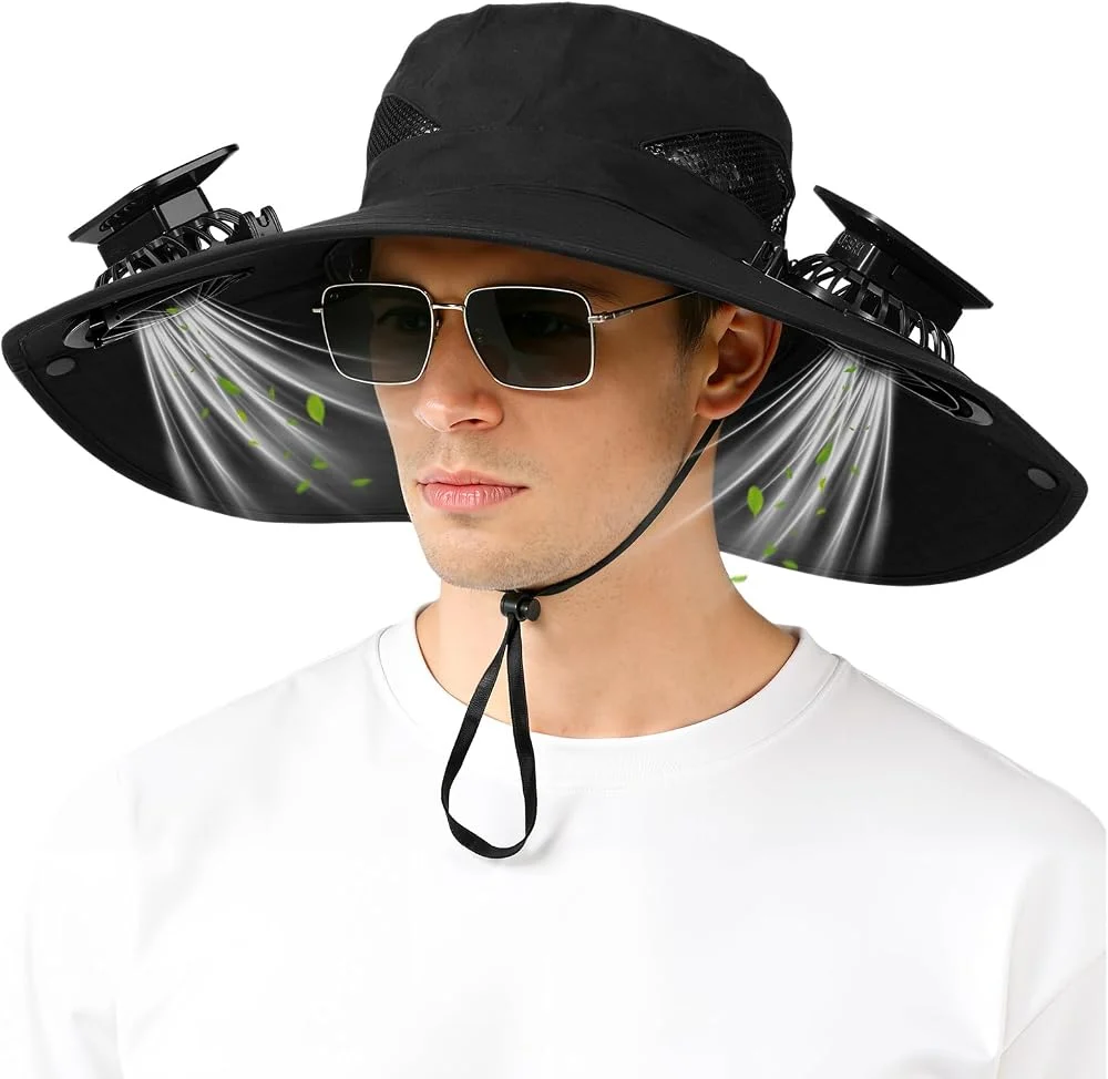 Solar Fan Hat with built-in fans on a black wide‑brim sun hat, sold on Amazon
