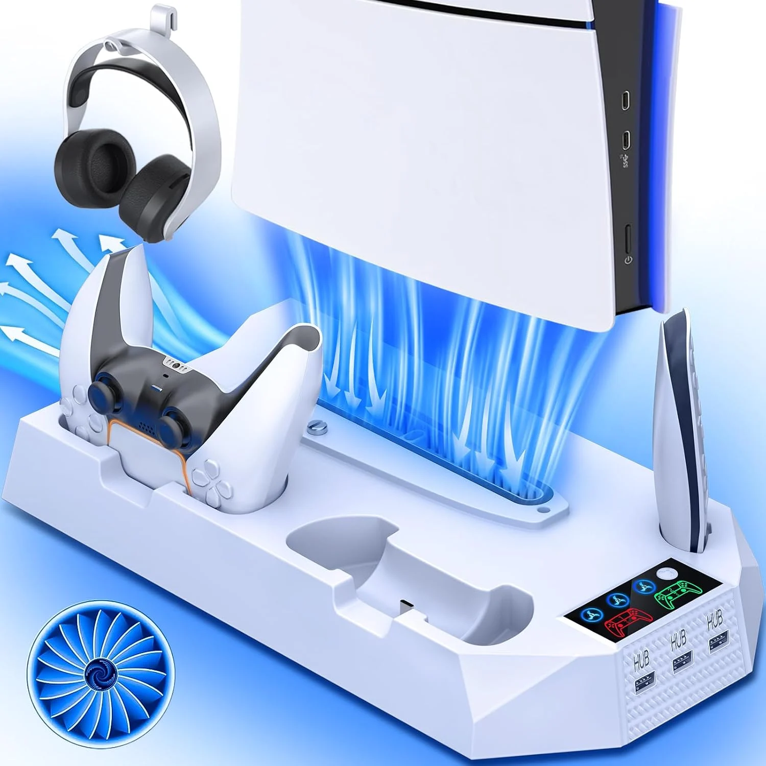 White PS5 cooling station with controller charging dock, USB hubs and headset holder sold on Amazon
