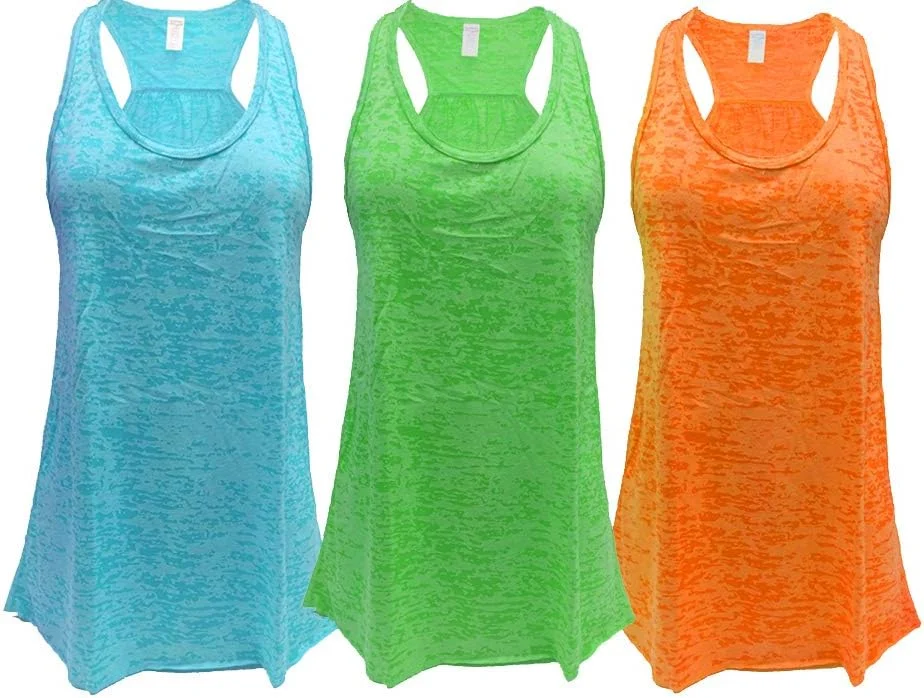 Epic MMA Gear Flowy Racerback Tank Top pack of 3 in burnout colors, displayed on Amazon