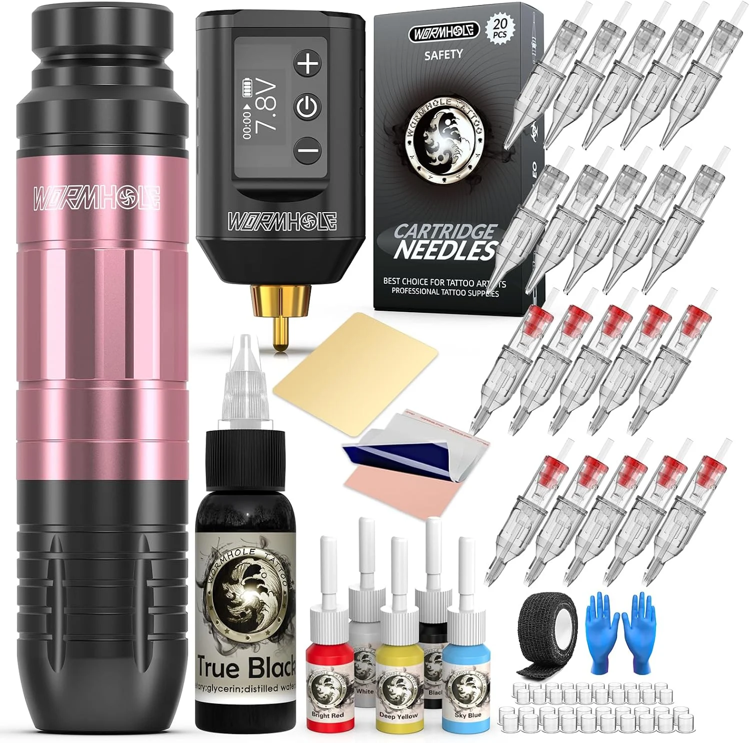 Wormhole Tattoo Gun Kit with wireless power supply and 20 tattoo needles, sold on Amazon