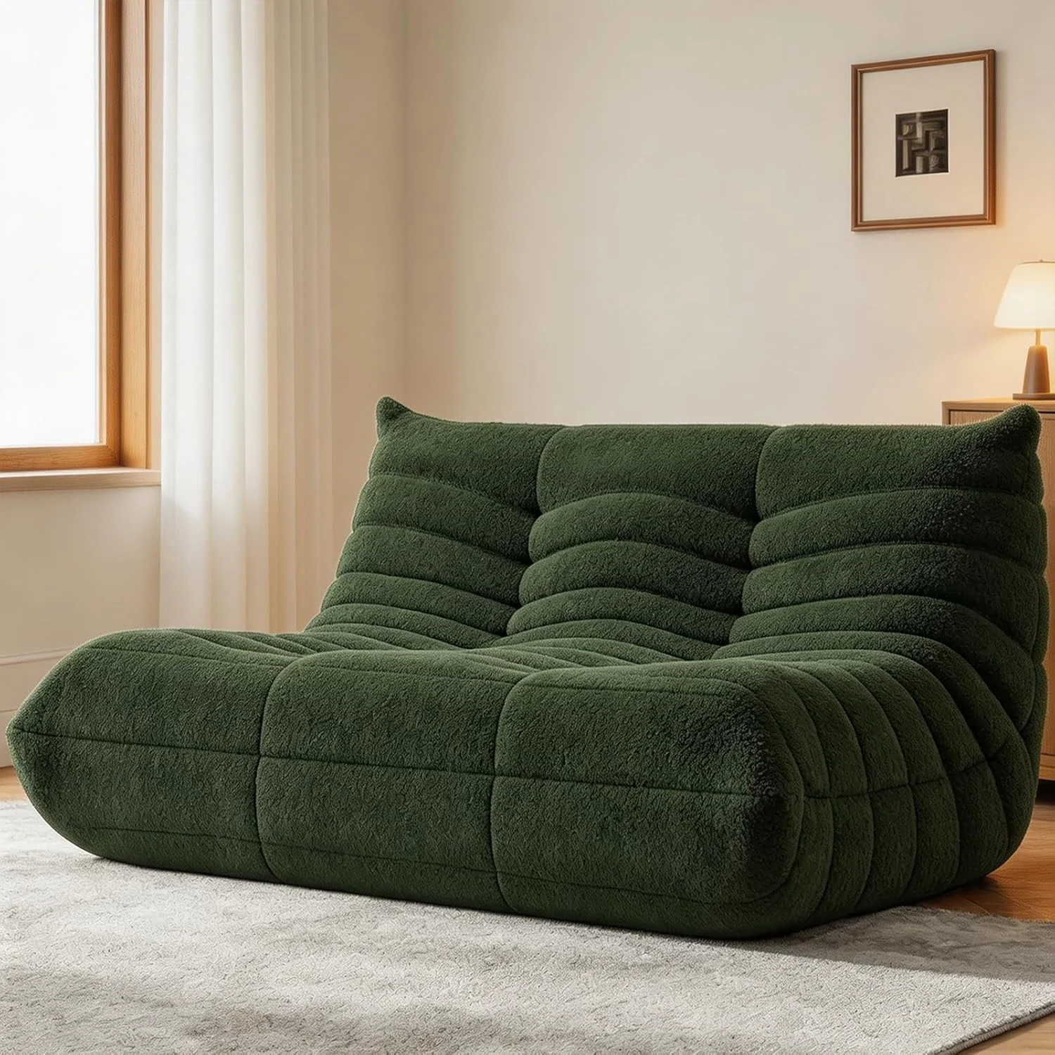 WHGBJA Bean Bag Chair with memory foam cushion, shown in a living room setting, sold on Amazon