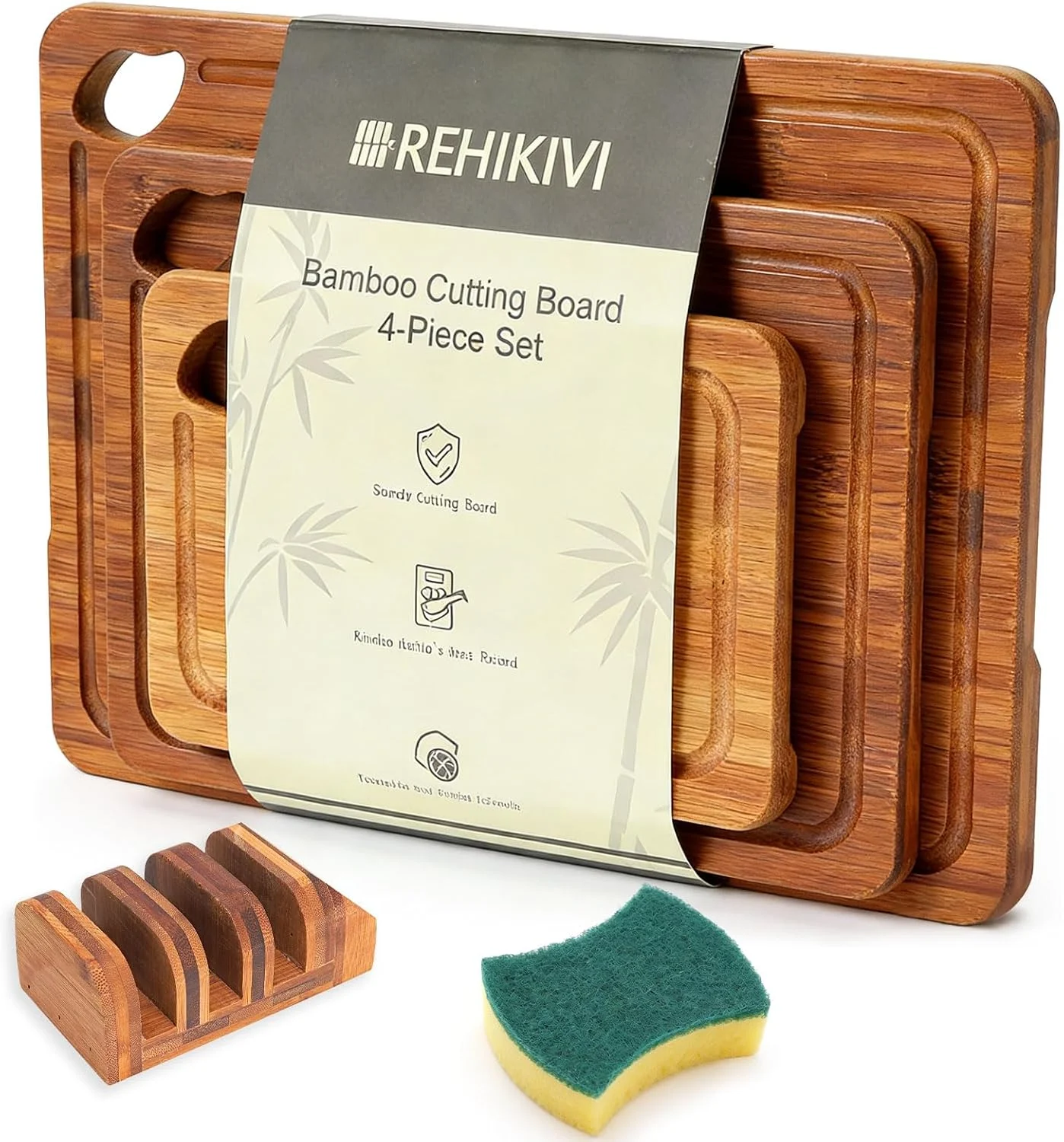 Astercook deep carbonized bamboo cutting board with storage stand on Amazon