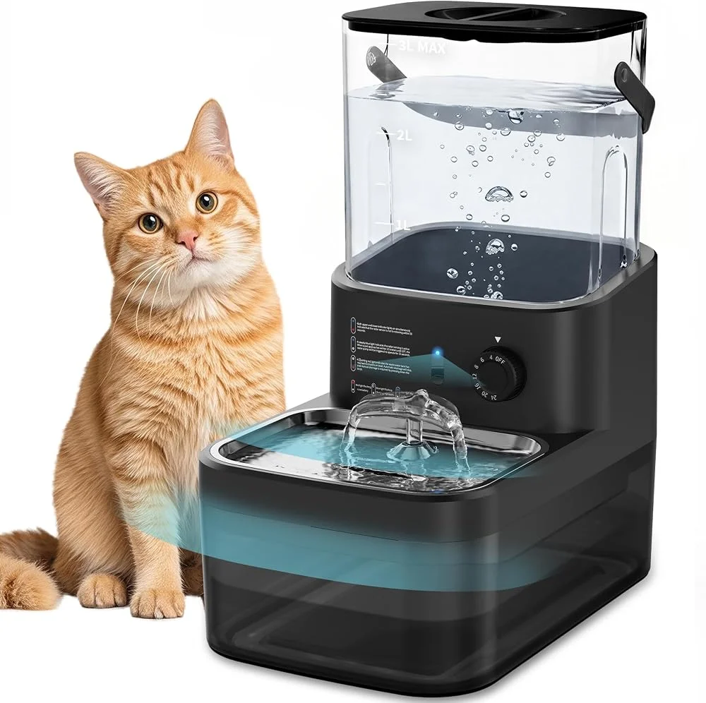3L filterless cat water fountain with stainless steel bowls, wireless motion sensor, black finish – 