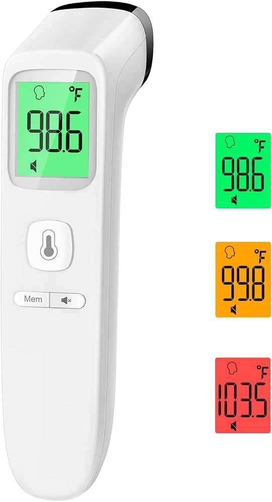 No-Touch Thermometer for Adults and Kids on Amazon, showing digital display and forehead sensor