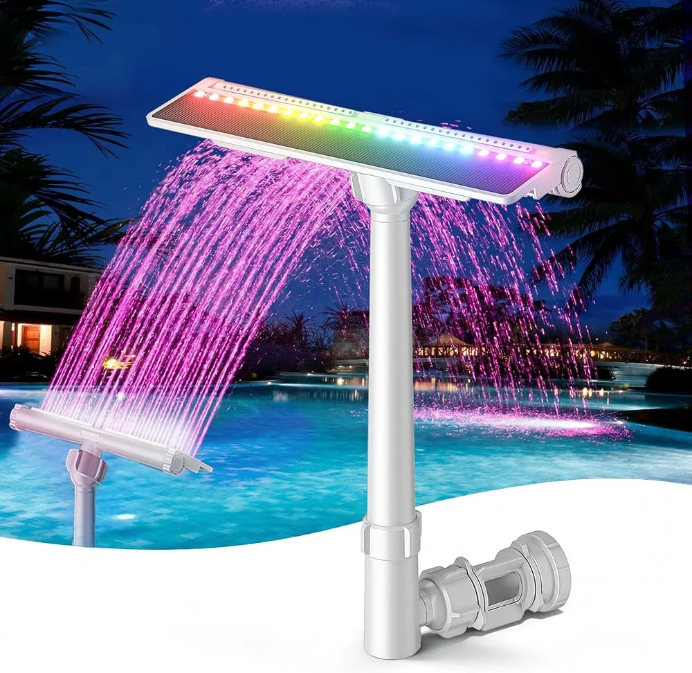 Solar Pool Fountain with 9-color auto-sensing lights and dual spray waterfall for above ground and i