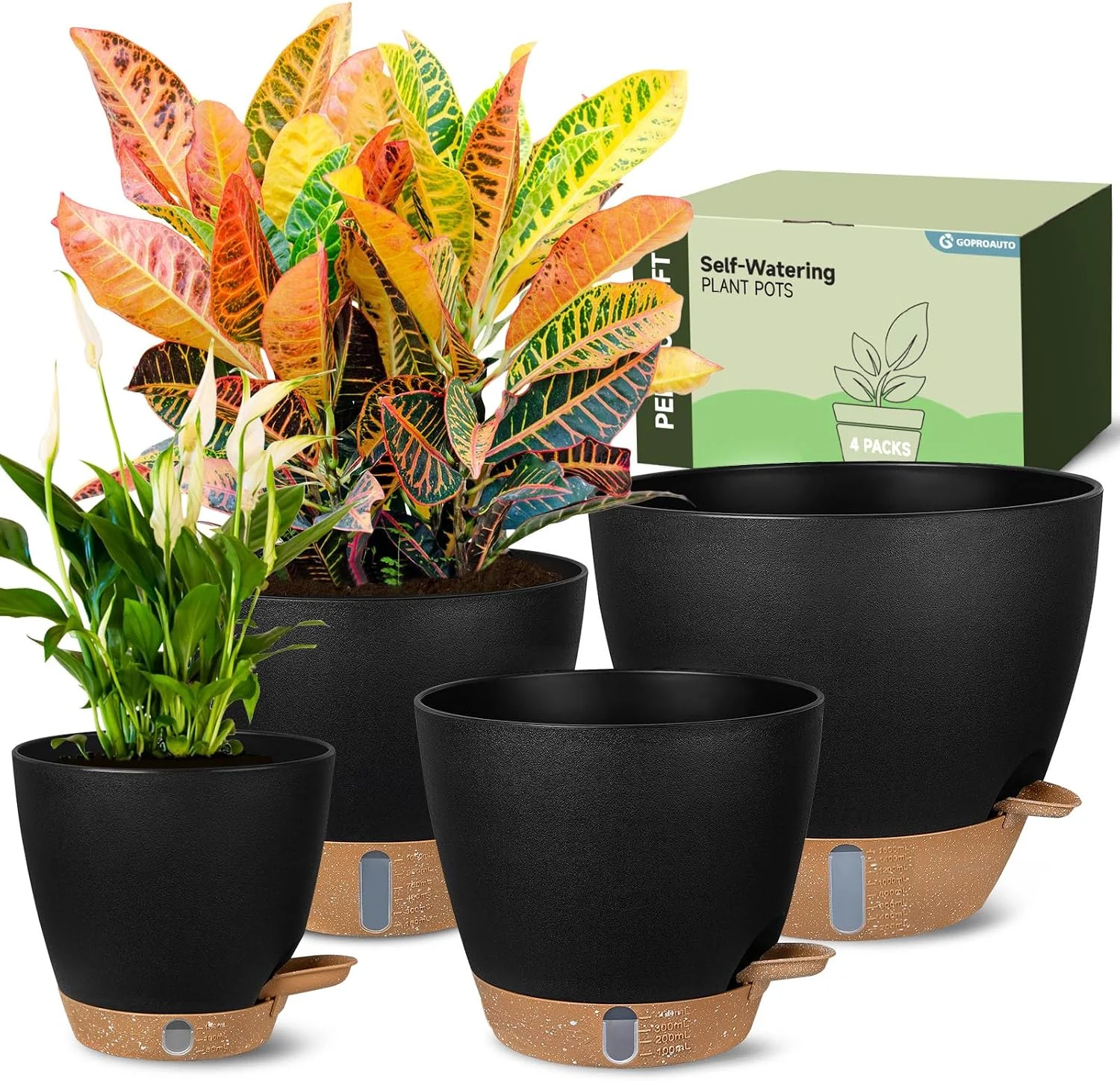 Goproauto 4‑Pack Self‑Watering Pots displayed with plants, sold on Amazon