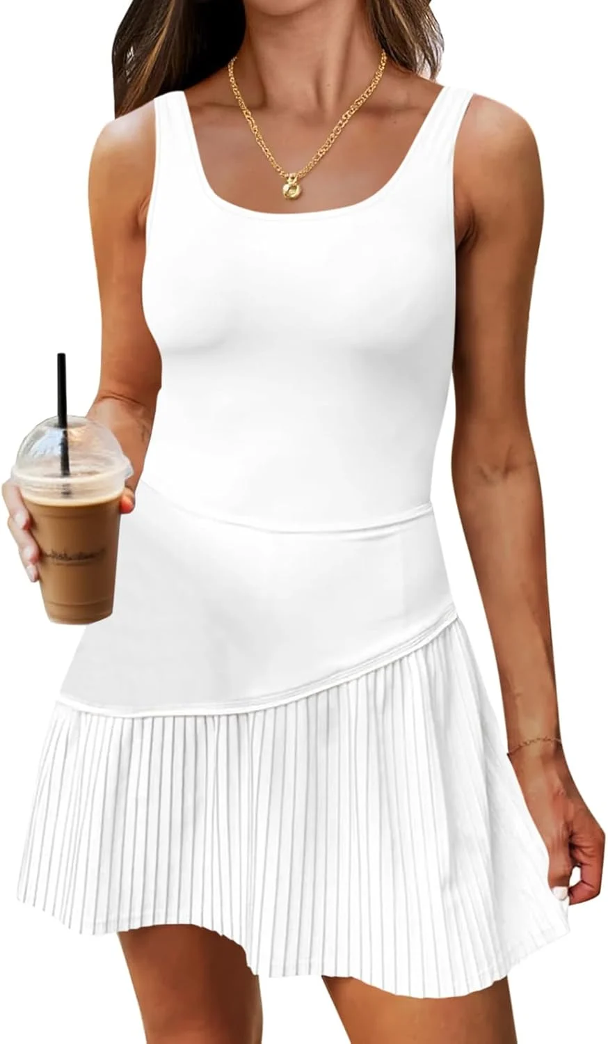 Fisoew Women's Tennis Dress with built‑in shorts and bra, white, on Amazon