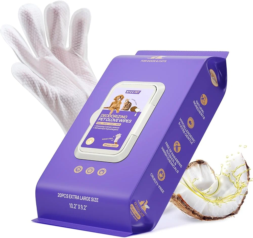 HICC PET Dog Wipes cleaning deodorizing glove wipes for dogs, cats and horses on Amazon