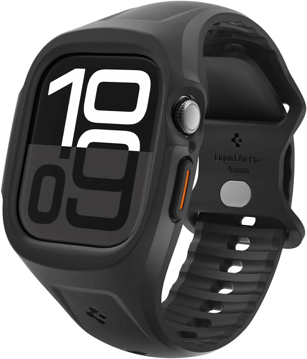 Spigen matte black liquid air pro band for Apple Watch Series 11, shown on Amazon