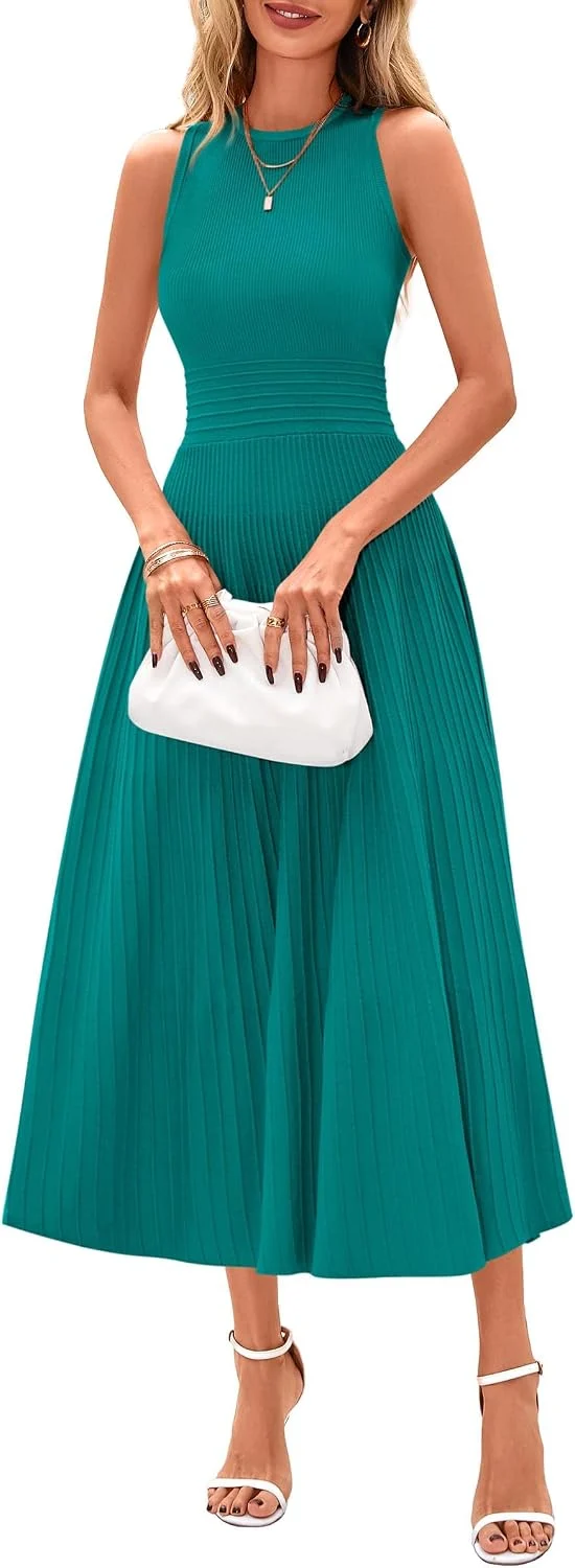 PRETTYGARDEN blue‑green midi dress on Amazon, sleeveless A‑line pleated cocktail style