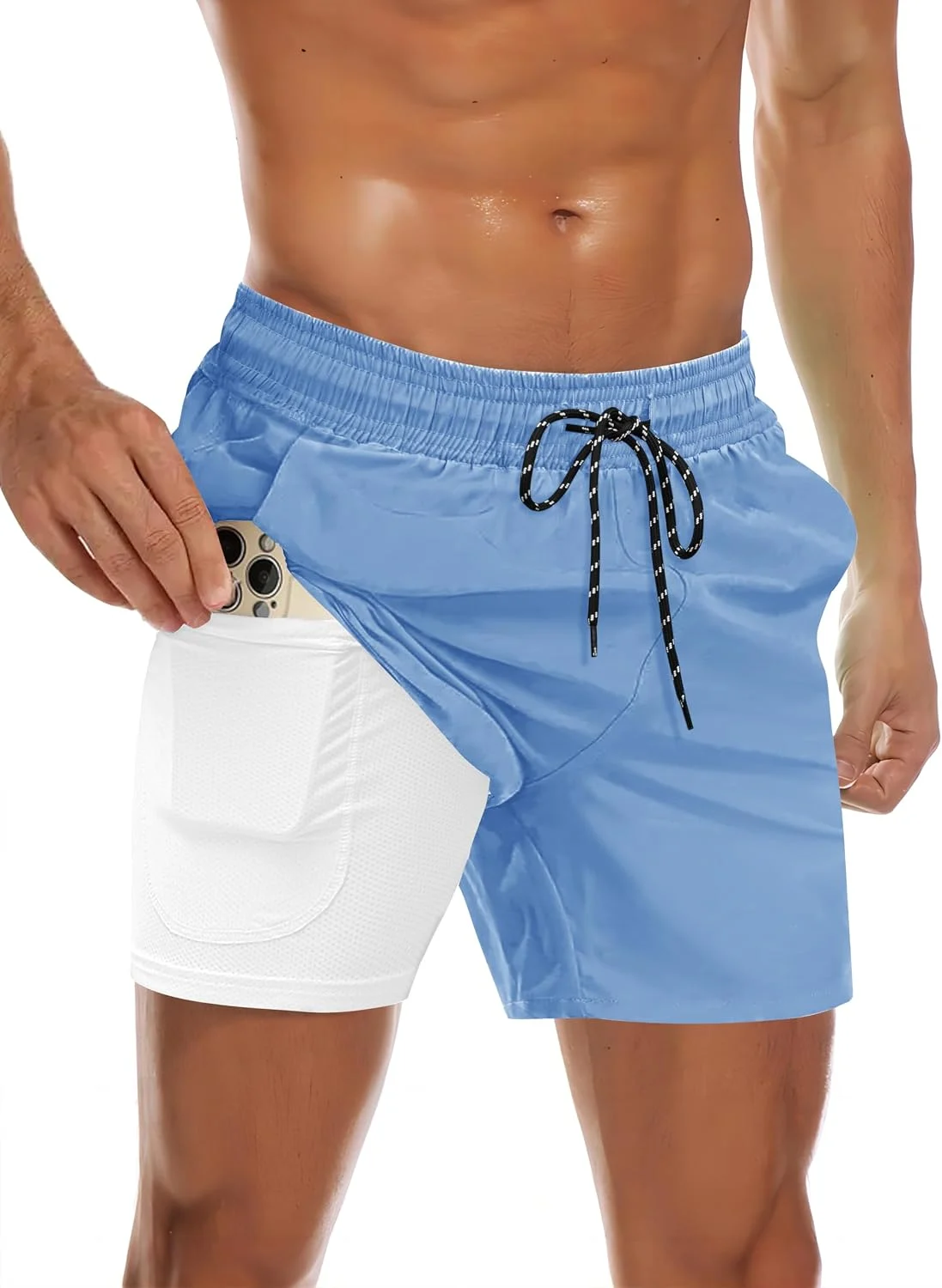 COOFANDY Quick‑Dry Men's Swim Trunks Light Blue, size L, displayed on Amazon