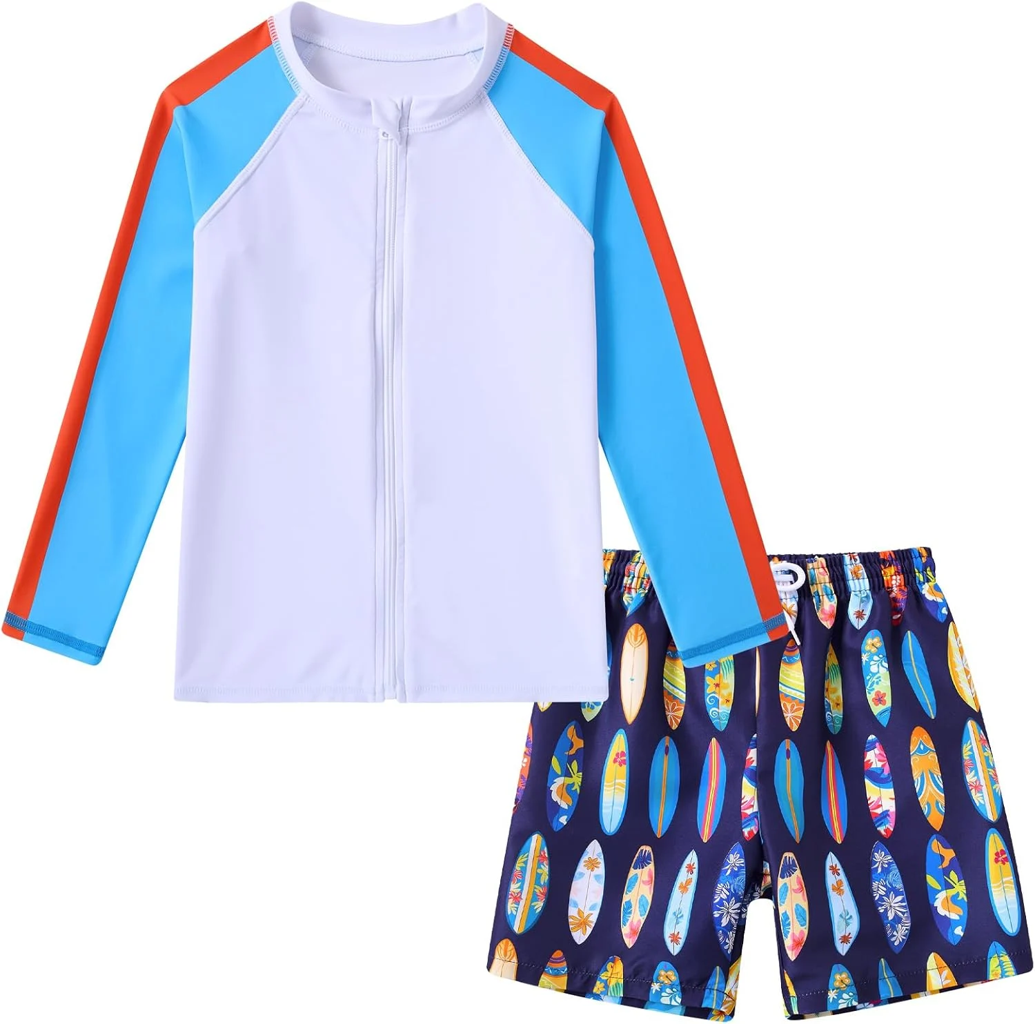 5t 6t boys swim set two‑piece rash guard swimsuit with shirt, blue paddleboard design, sold on Amazo
