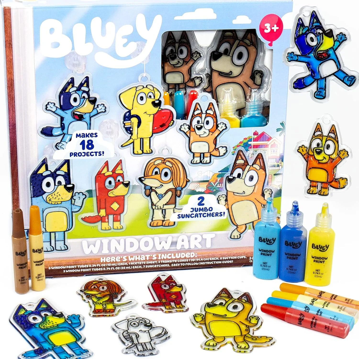 Bluey Window Art Suncatchers Kit displayed on a sunny window, sold on Amazon