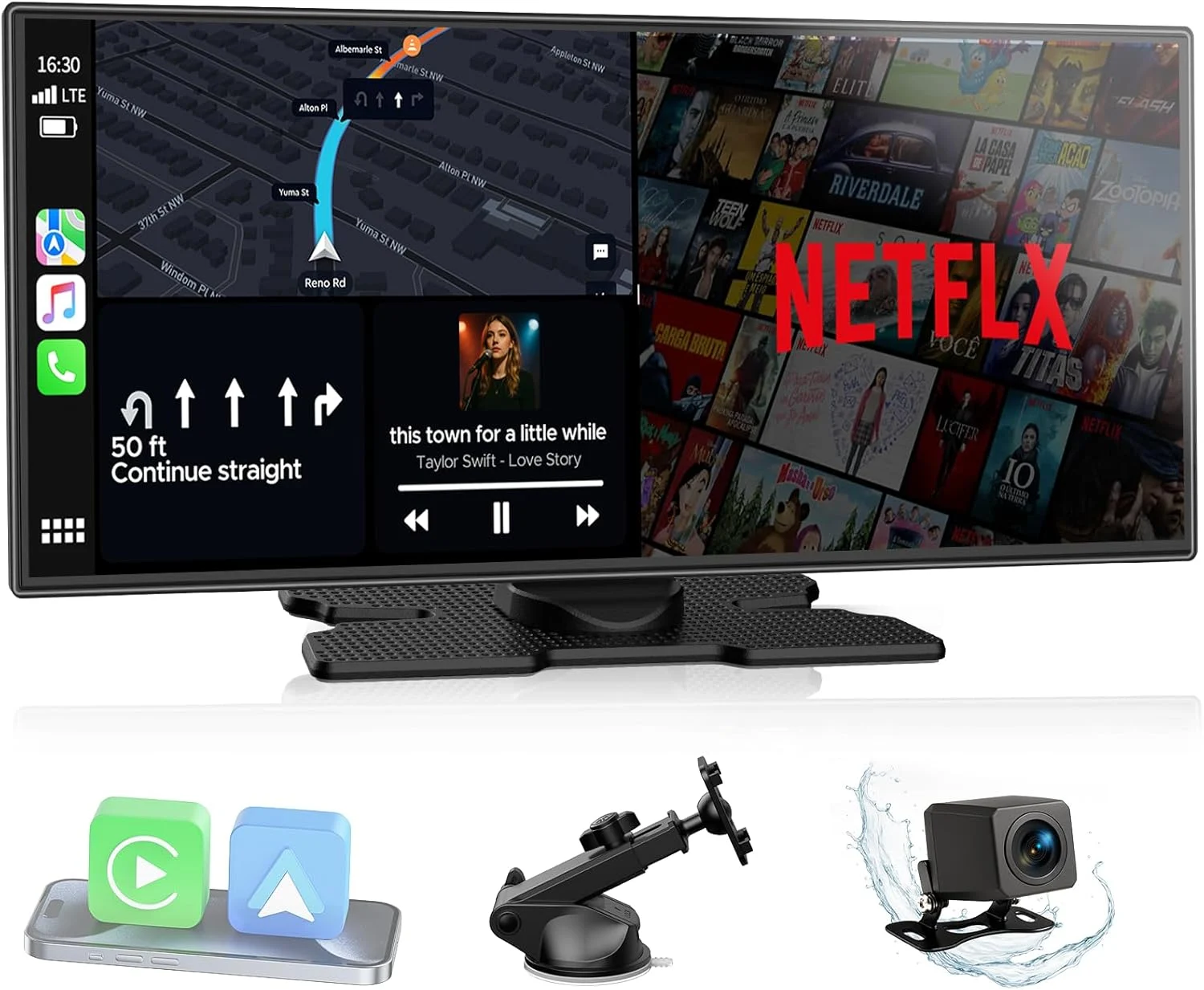 11 inch LAMTTO Wireless CarPlay & Android Auto screen displayed on Amazon product page